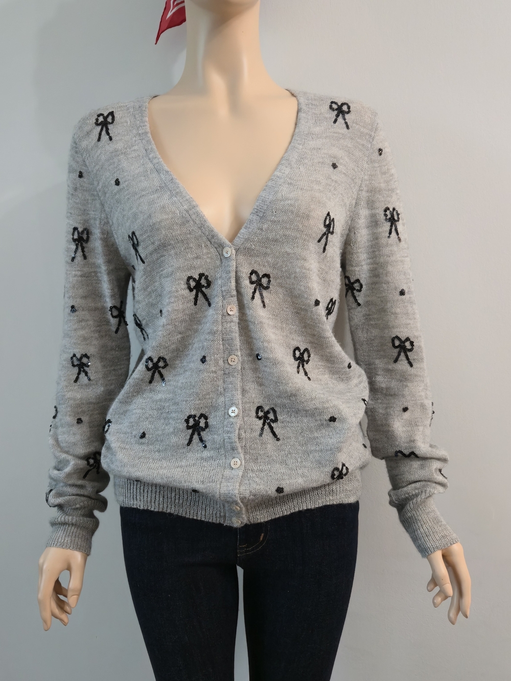 J. Crew Italian Spun Alpaca Blend Light Gray V-Neck Bow-Print Cardigan Large